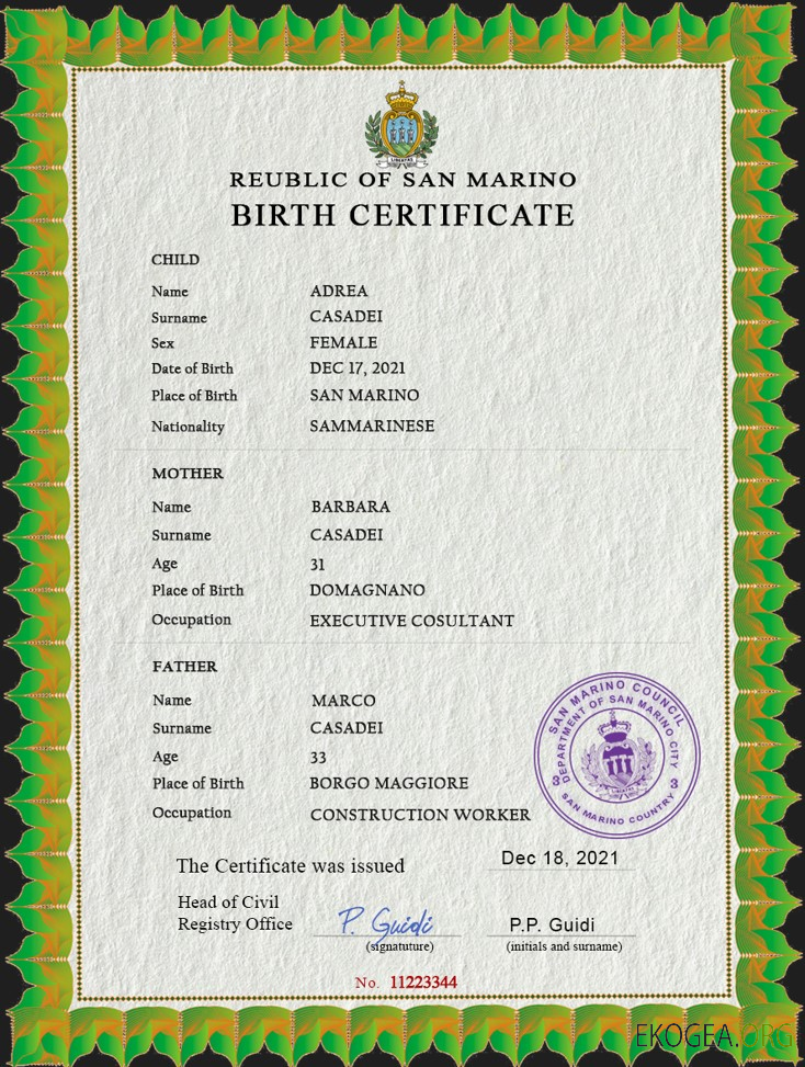 Modèle PSD d'acte de naissance de Saint Marin